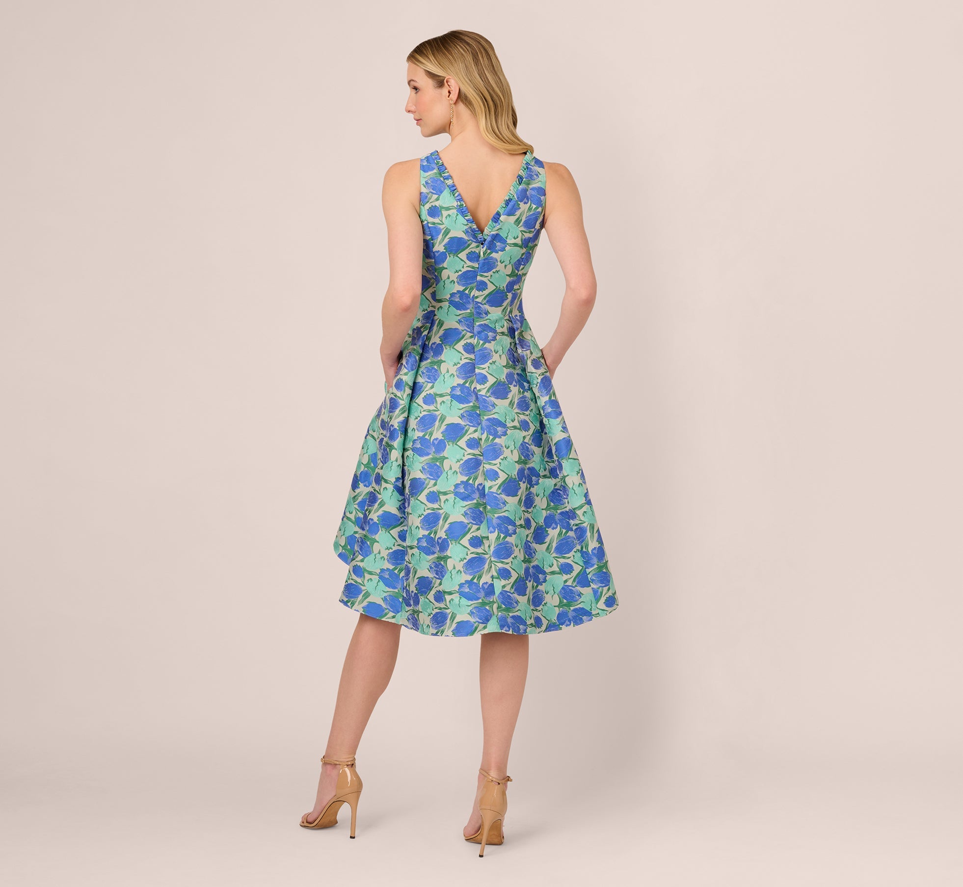 Sleeveless Tulip Jacquard Fit And Flare Midi Dress In Blue Green Multi