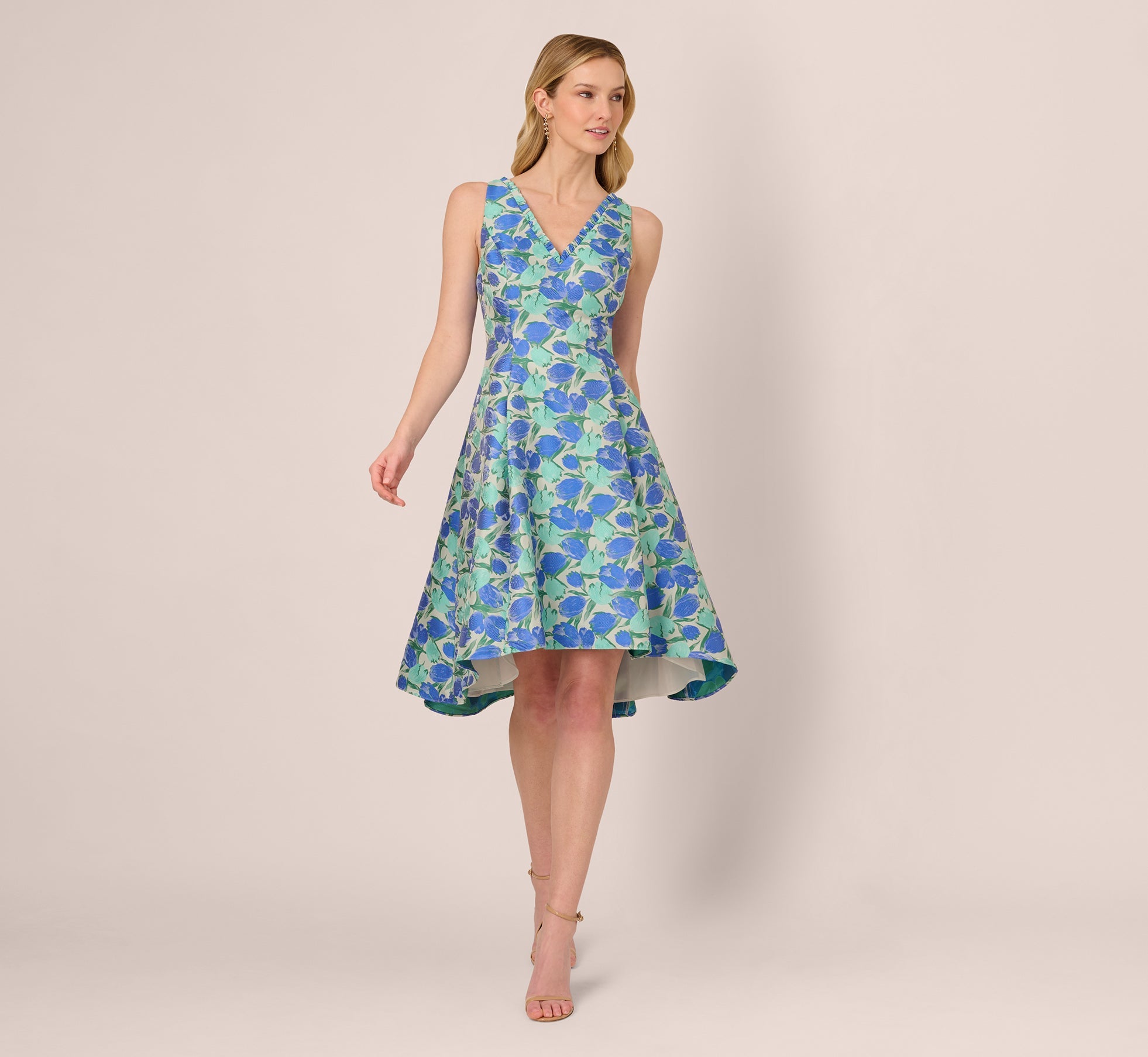 Sleeveless Tulip Jacquard Fit And Flare Midi Dress In Blue Green Multi