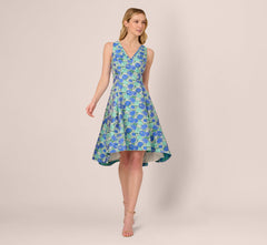 Sleeveless Tulip Jacquard Fit And Flare Midi Dress In Blue Green Multi