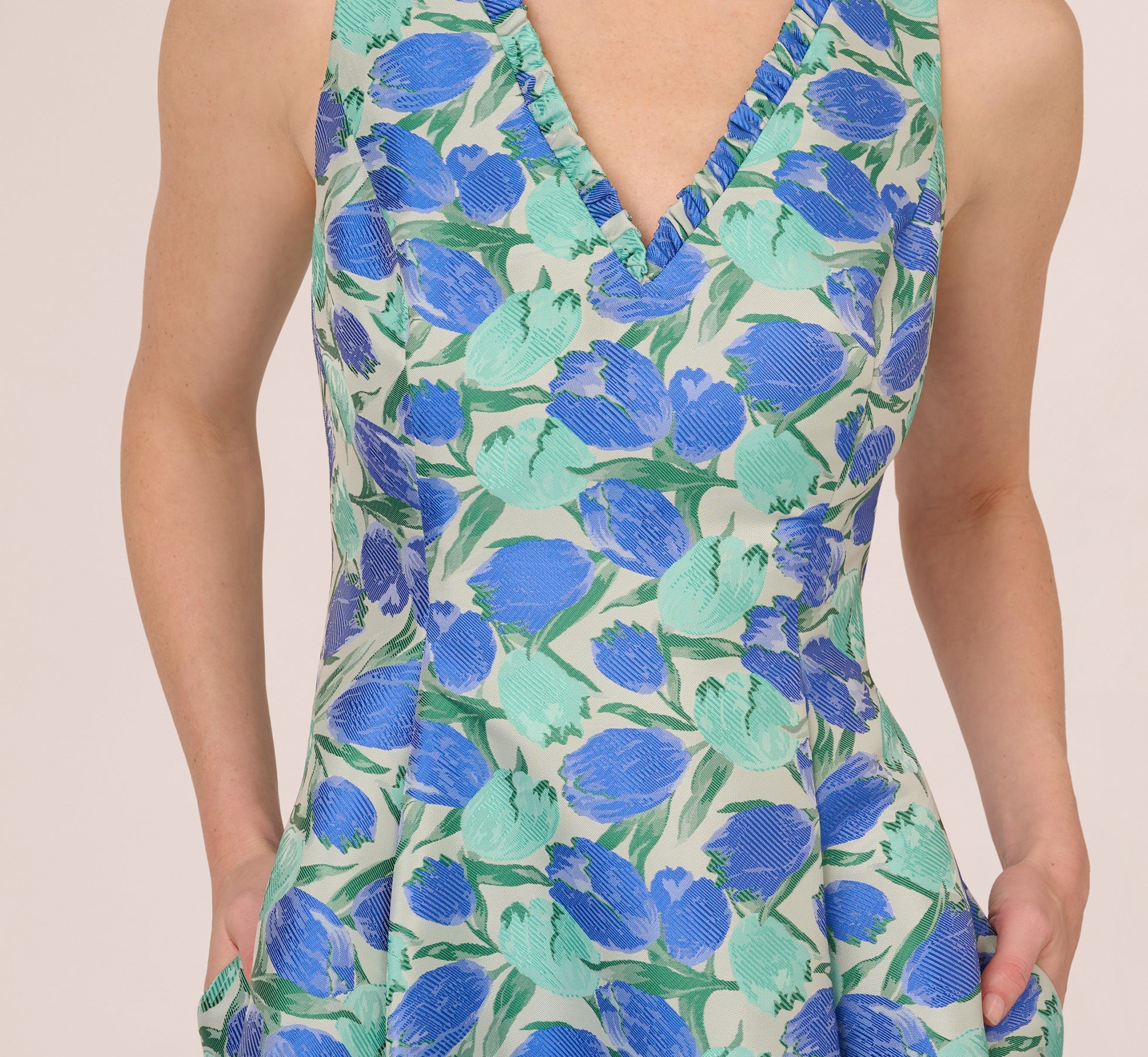 Sleeveless Tulip Jacquard Fit And Flare Midi Dress In Blue Green Multi