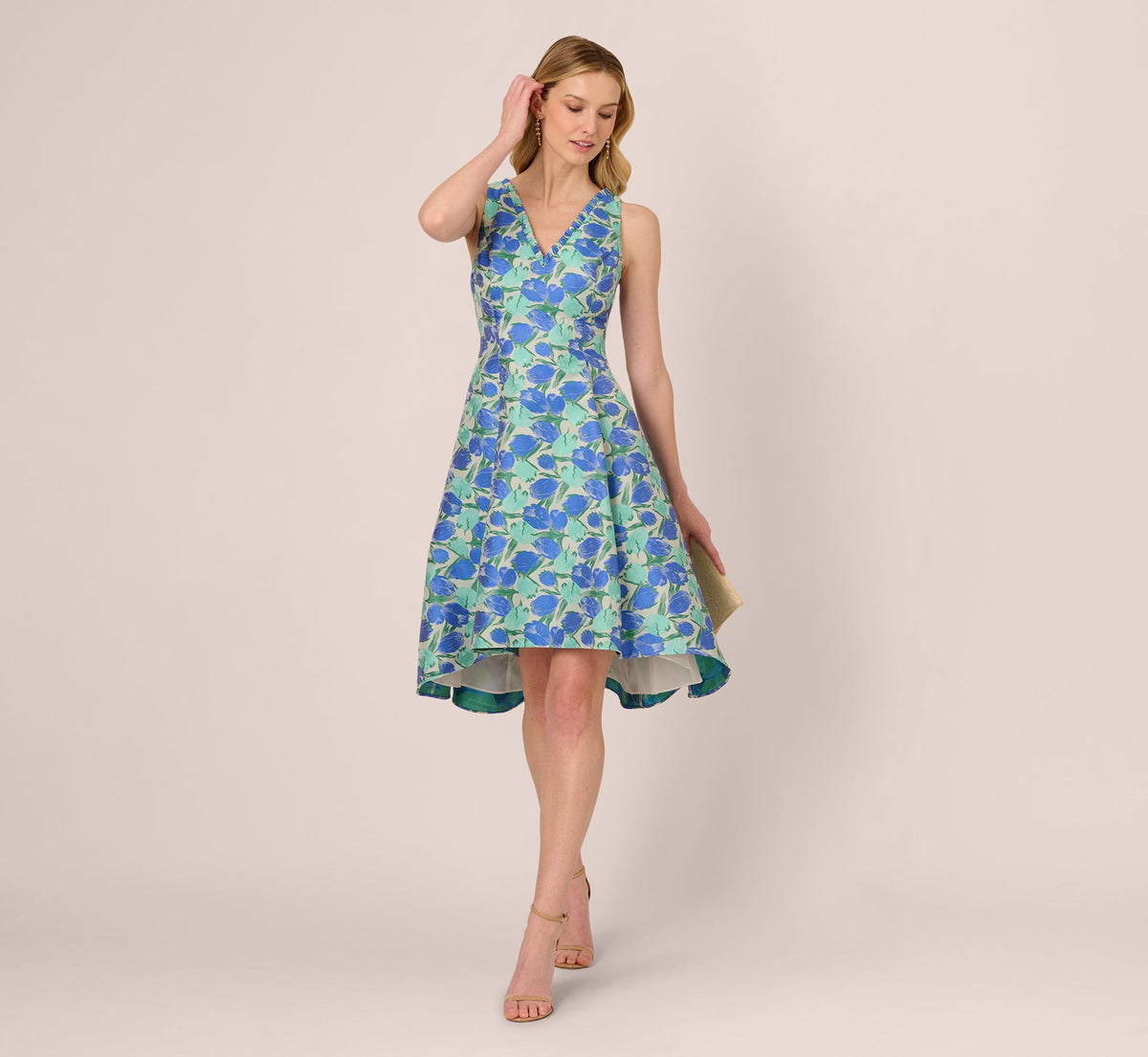 Sleeveless Tulip Jacquard Fit And Flare Midi Dress In Blue Green Multi