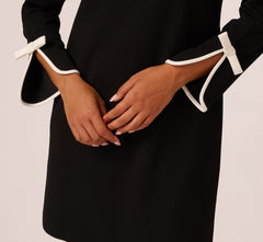 Long Sleeve Contrast Tipped Sheath Dress In Black Ivory