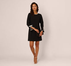 Long Sleeve Contrast Tipped Sheath Dress In Black Ivory