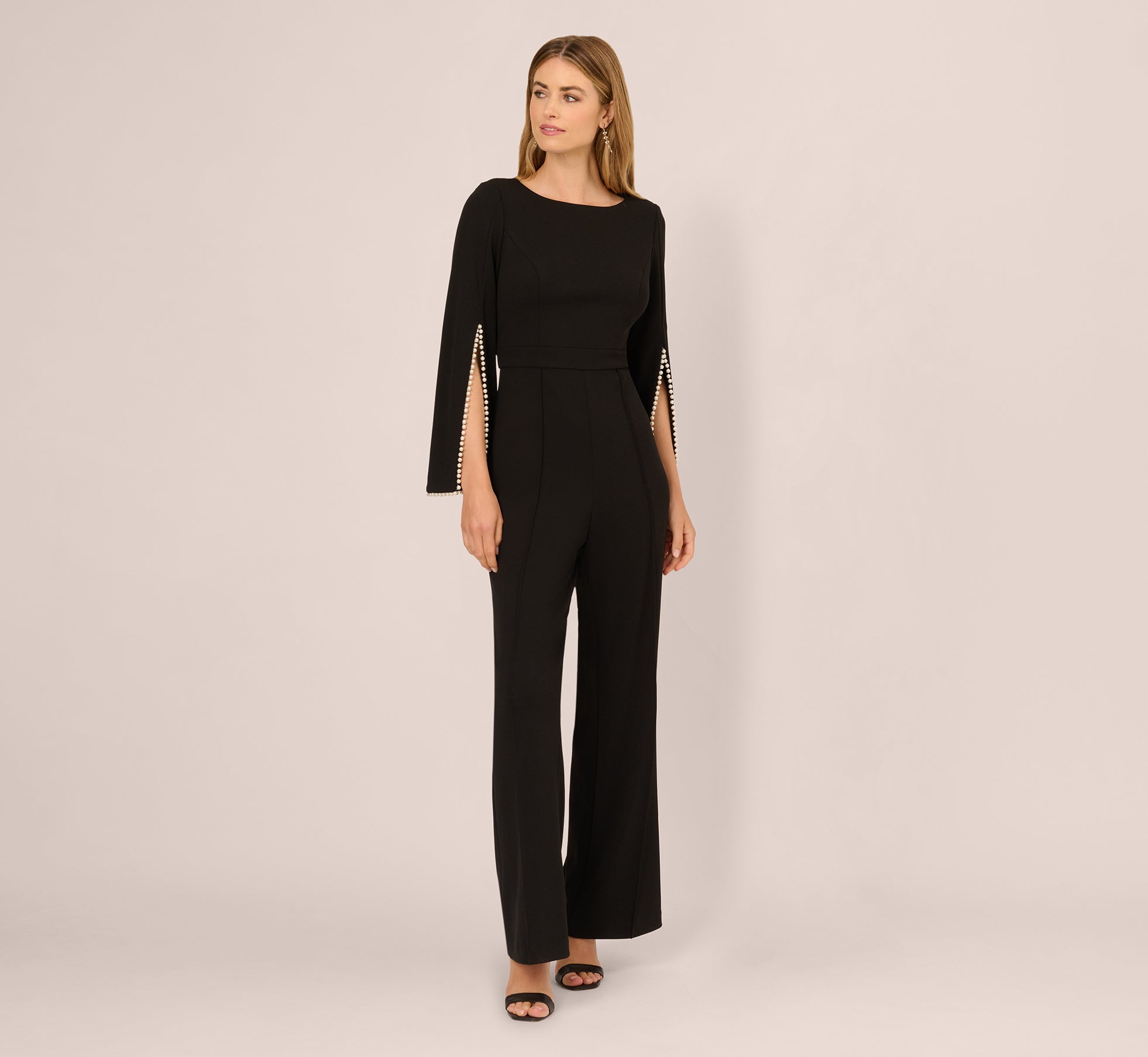 Split Sleeve Pearly Trim Jumpsuit In Black Ivory