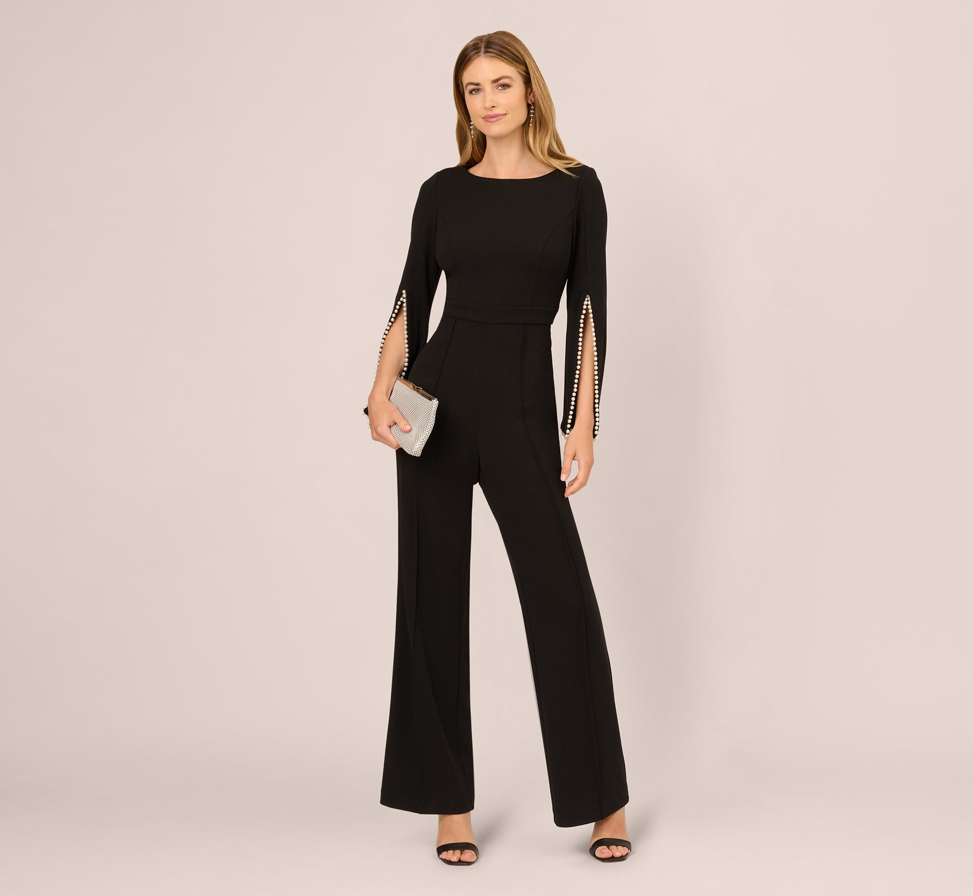 Split Sleeve Pearly Trim Jumpsuit In Black Ivory