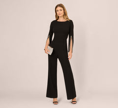 Split Sleeve Pearly Trim Jumpsuit In Black Ivory