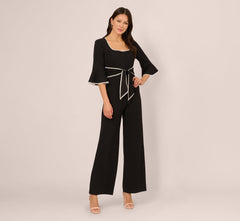 Bell Sleeve Tie Front Contrast Tipped Jumpsuit In Black Ivory