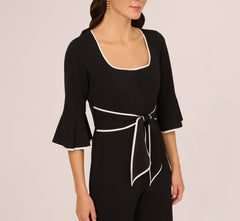 Bell Sleeve Tie Front Contrast Tipped Jumpsuit In Black Ivory