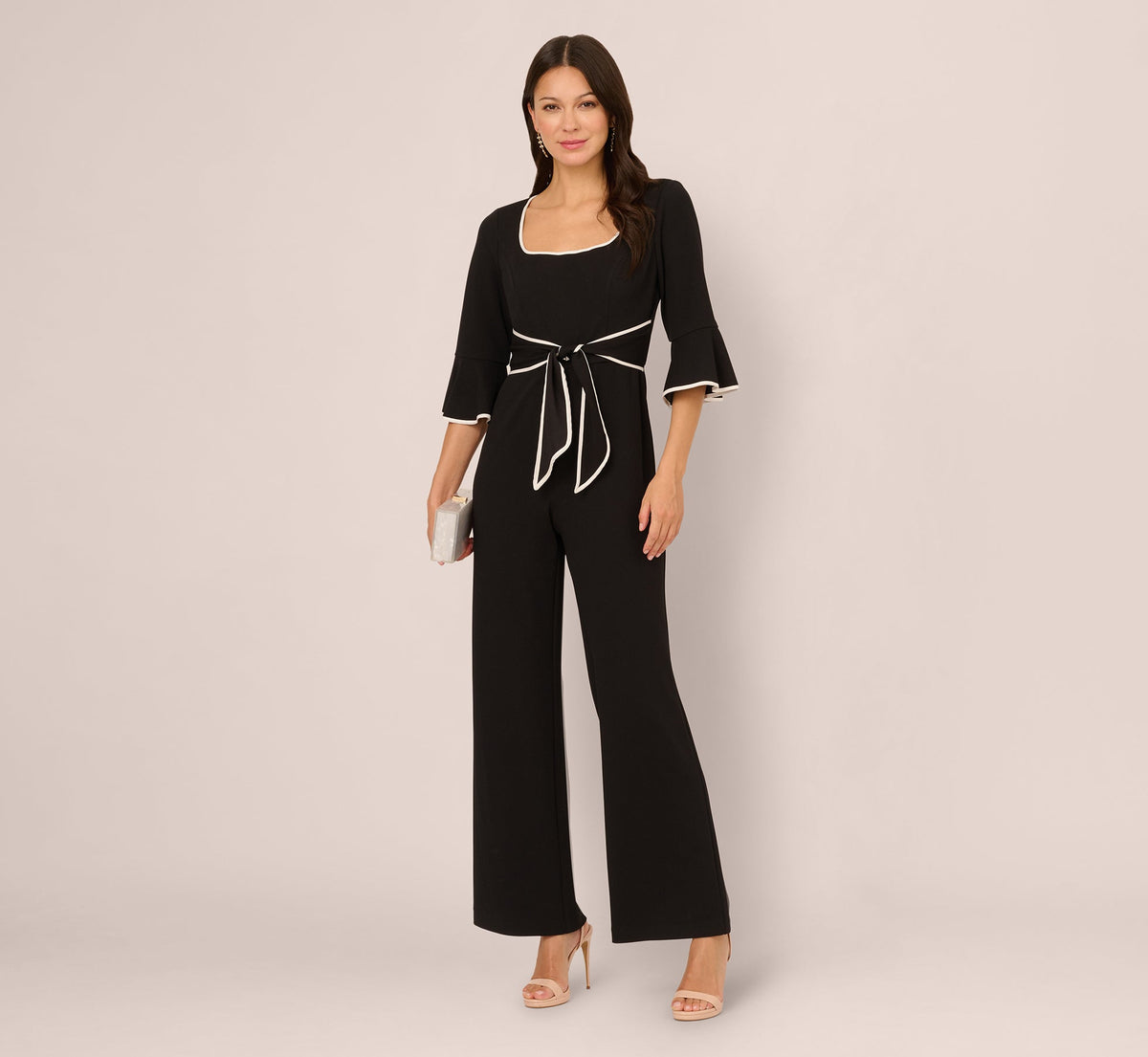 Bell Sleeve Tie Front Contrast Tipped Jumpsuit In Black Ivory