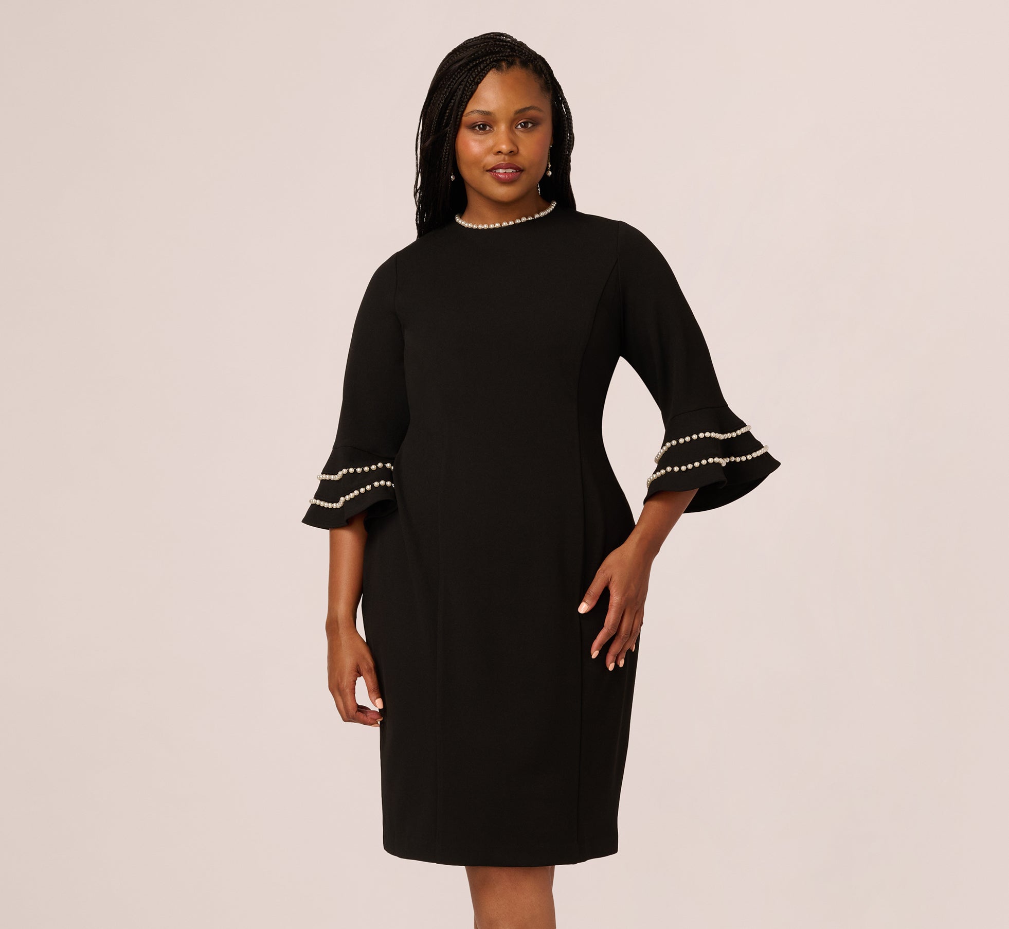 Plus Size Three Quarter Bell Sleeve Pearly Trim Sheath Dress In Black Ivory