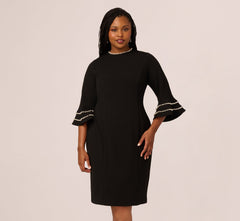 Plus Size Three Quarter Bell Sleeve Pearly Trim Sheath Dress In Black Ivory