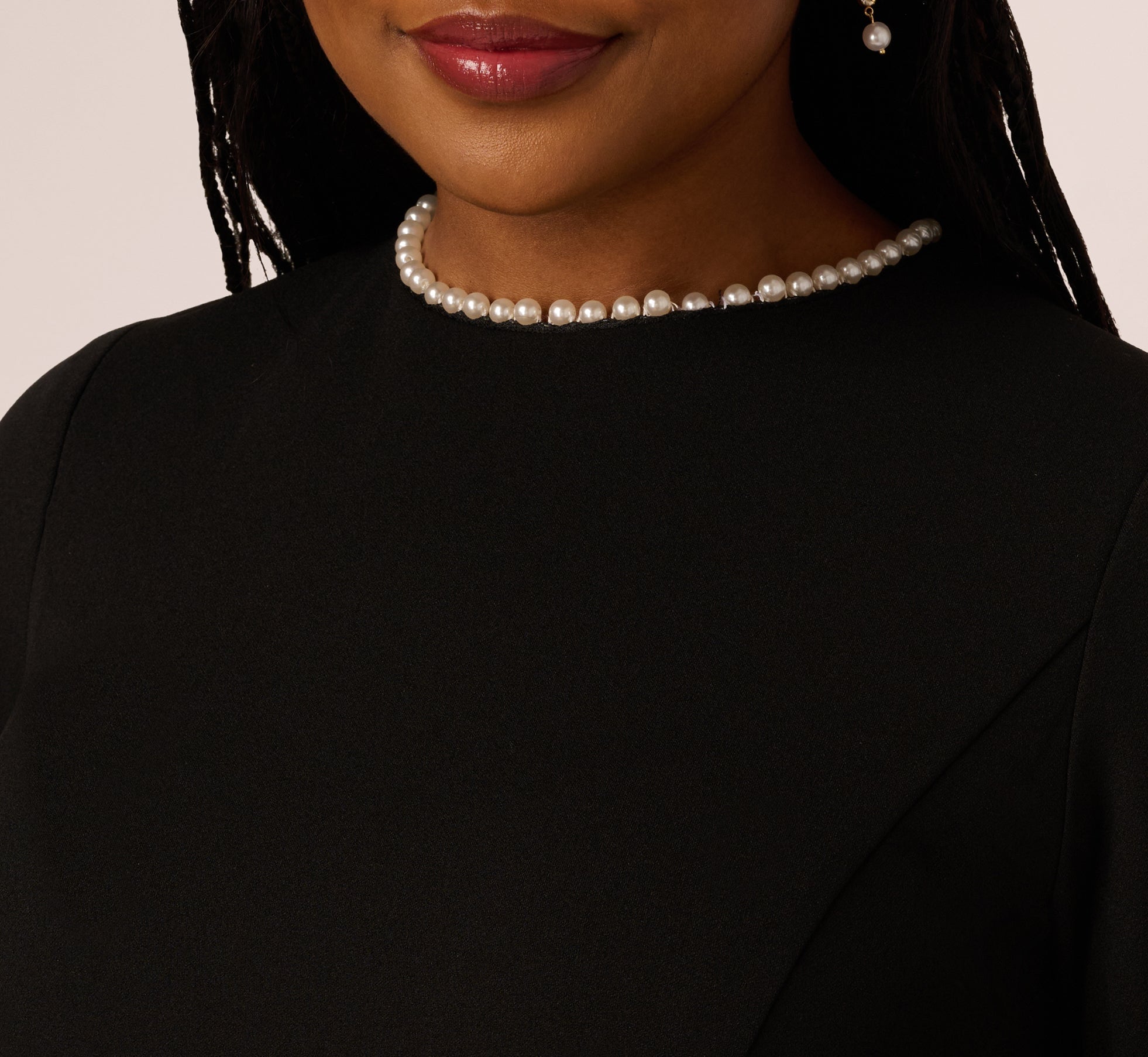 Plus Size Three Quarter Bell Sleeve Pearly Trim Sheath Dress In Black Ivory