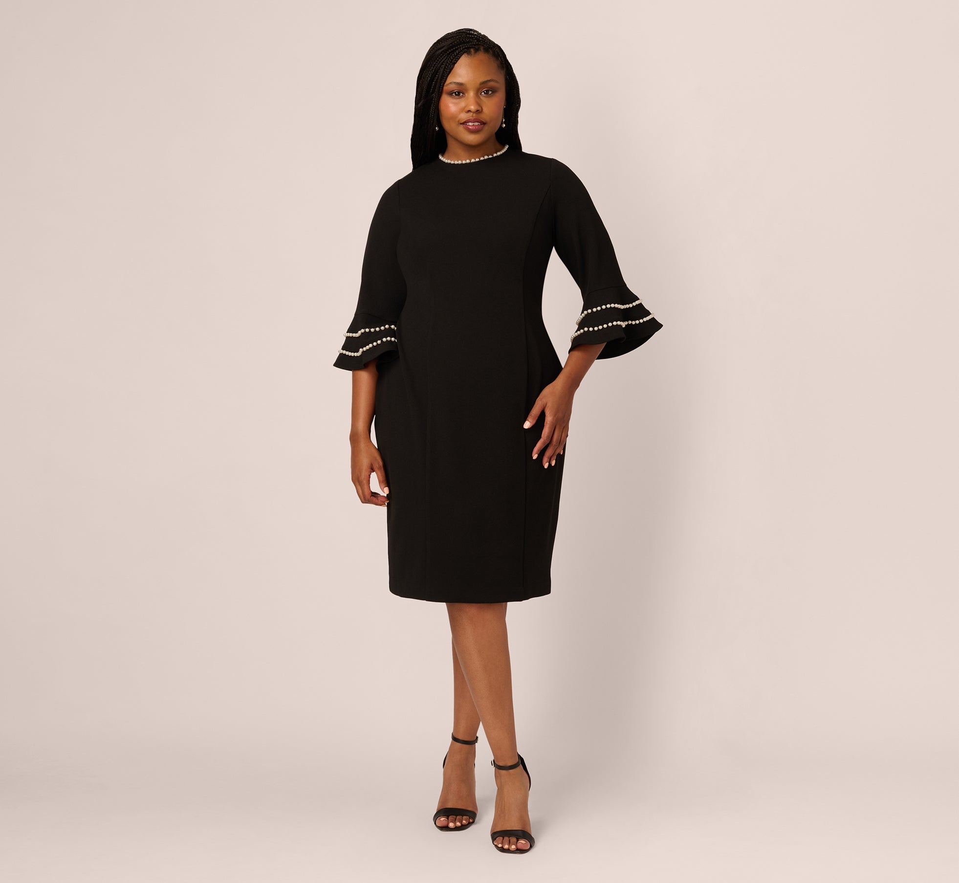 Plus Size Three Quarter Bell Sleeve Pearly Trim Sheath Dress In Black Ivory