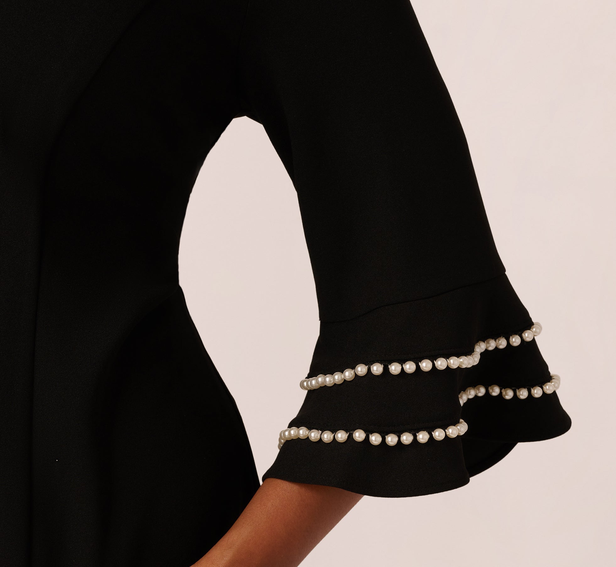 Plus Size Three Quarter Bell Sleeve Pearly Trim Sheath Dress In Black Ivory