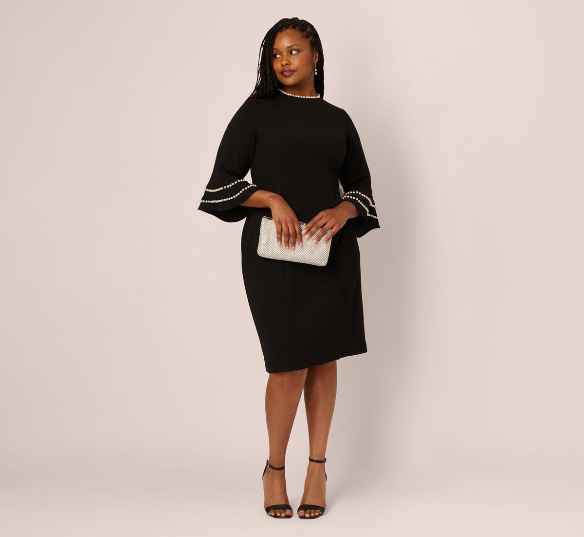 Plus Size Three Quarter Bell Sleeve Pearly Trim Sheath Dress In Black Ivory
