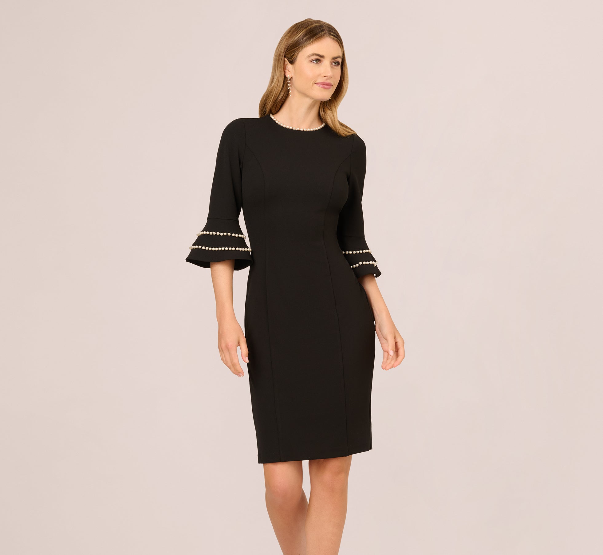 Three Quarter Bell Sleeve Pearly Trim Sheath Dress In Black Ivory