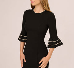 Three Quarter Bell Sleeve Pearly Trim Sheath Dress In Black Ivory