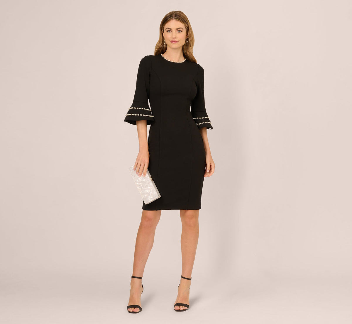Three Quarter Bell Sleeve Pearly Trim Sheath Dress In Black Ivory