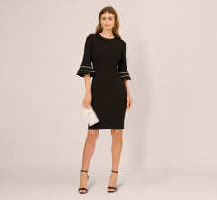 Three Quarter Bell Sleeve Pearly Trim Sheath Dress In Black Ivory