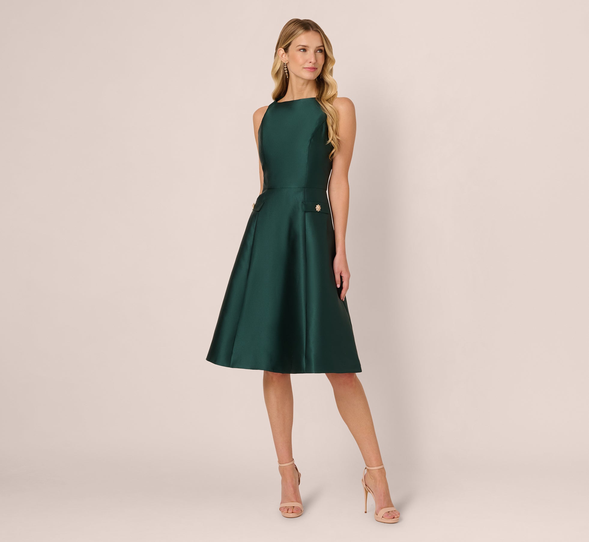 Sleeveless Bateau A Line Midi Dress In Dark Forest