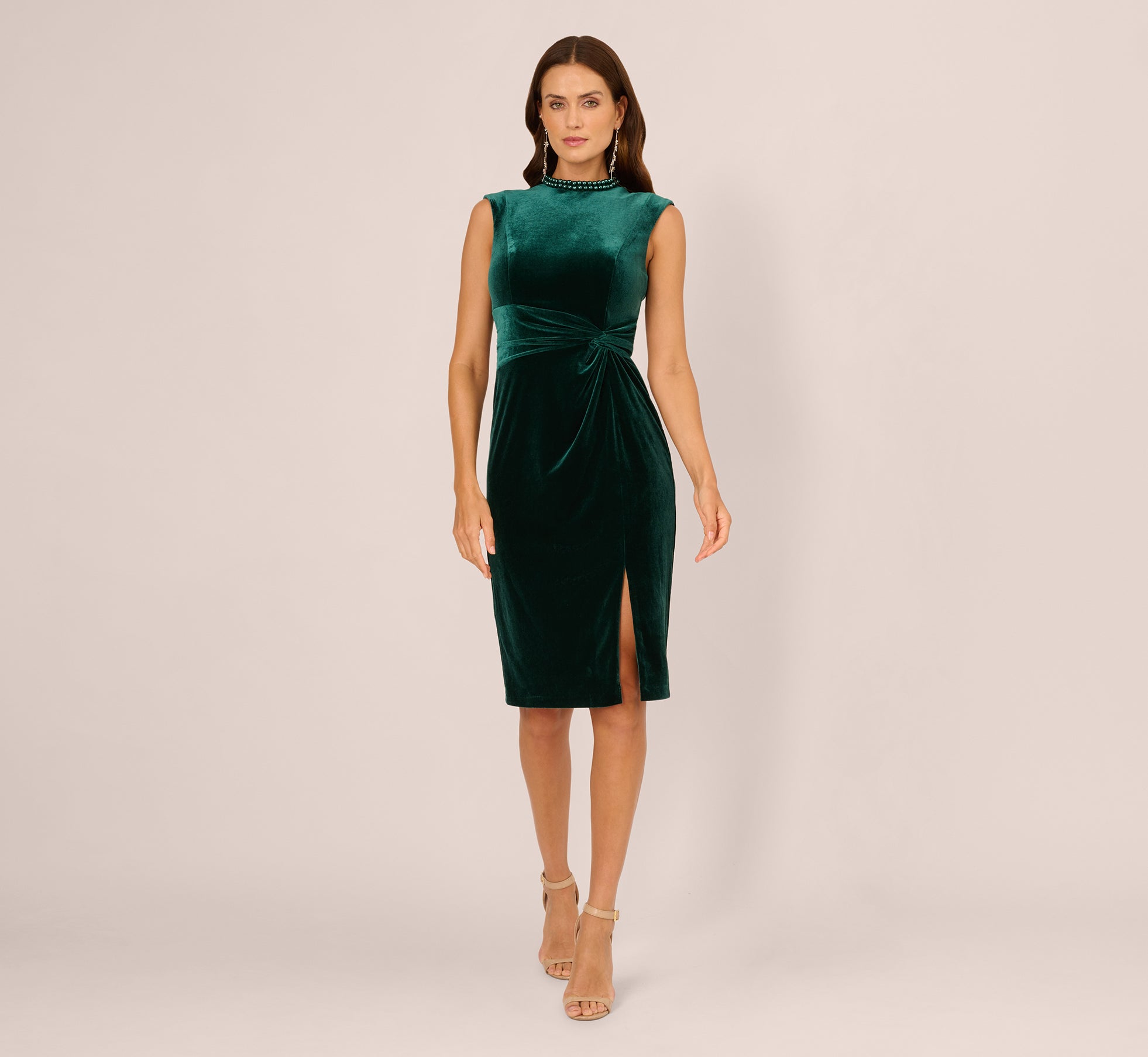 Cap Sleeve Pearly Velvet Midi Dress In Emerald
