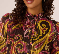 Long Sleeve Paisley Chiffon Trapeze Dress In Brown Multi