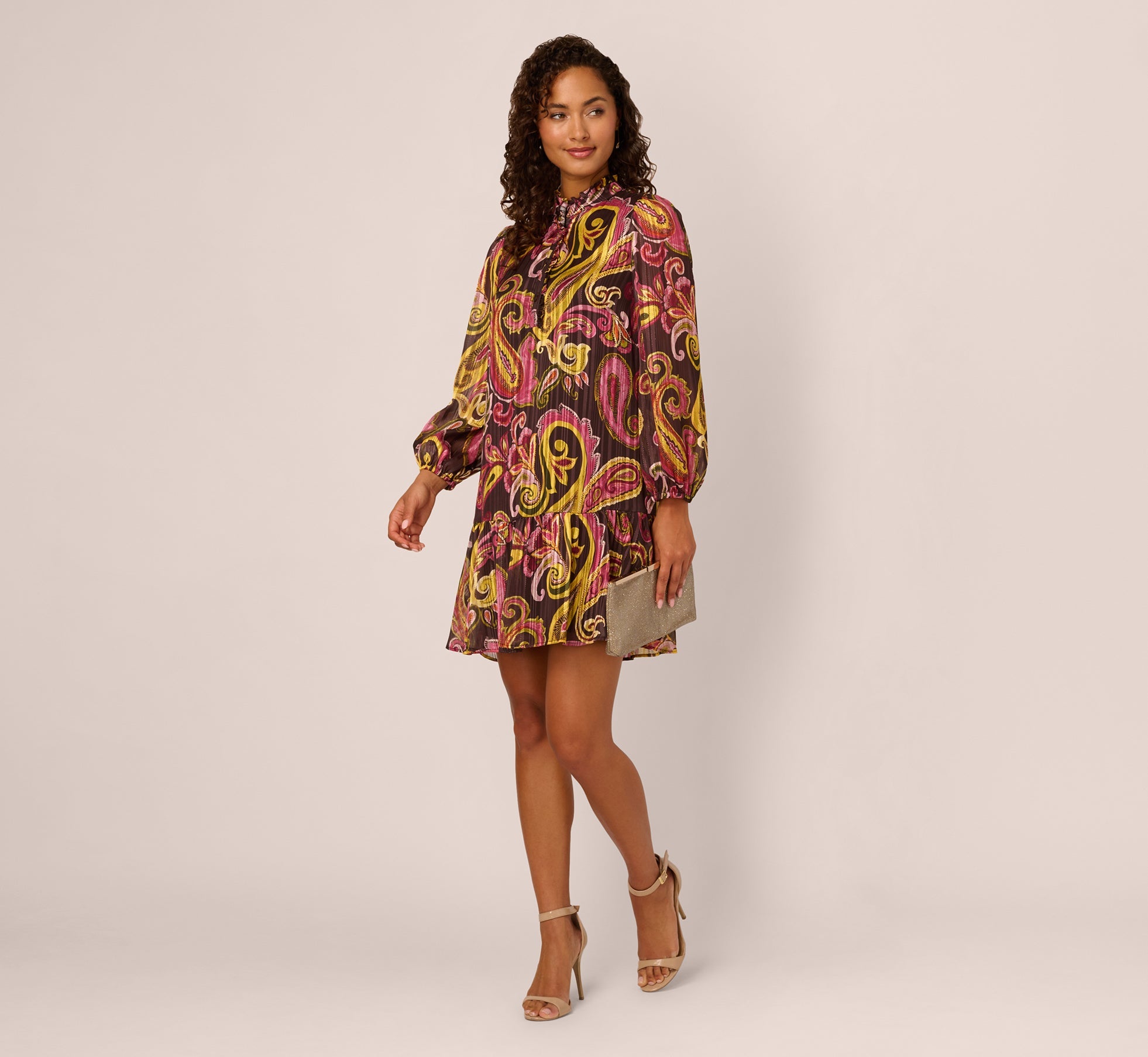 Long Sleeve Paisley Chiffon Trapeze Dress In Brown Multi