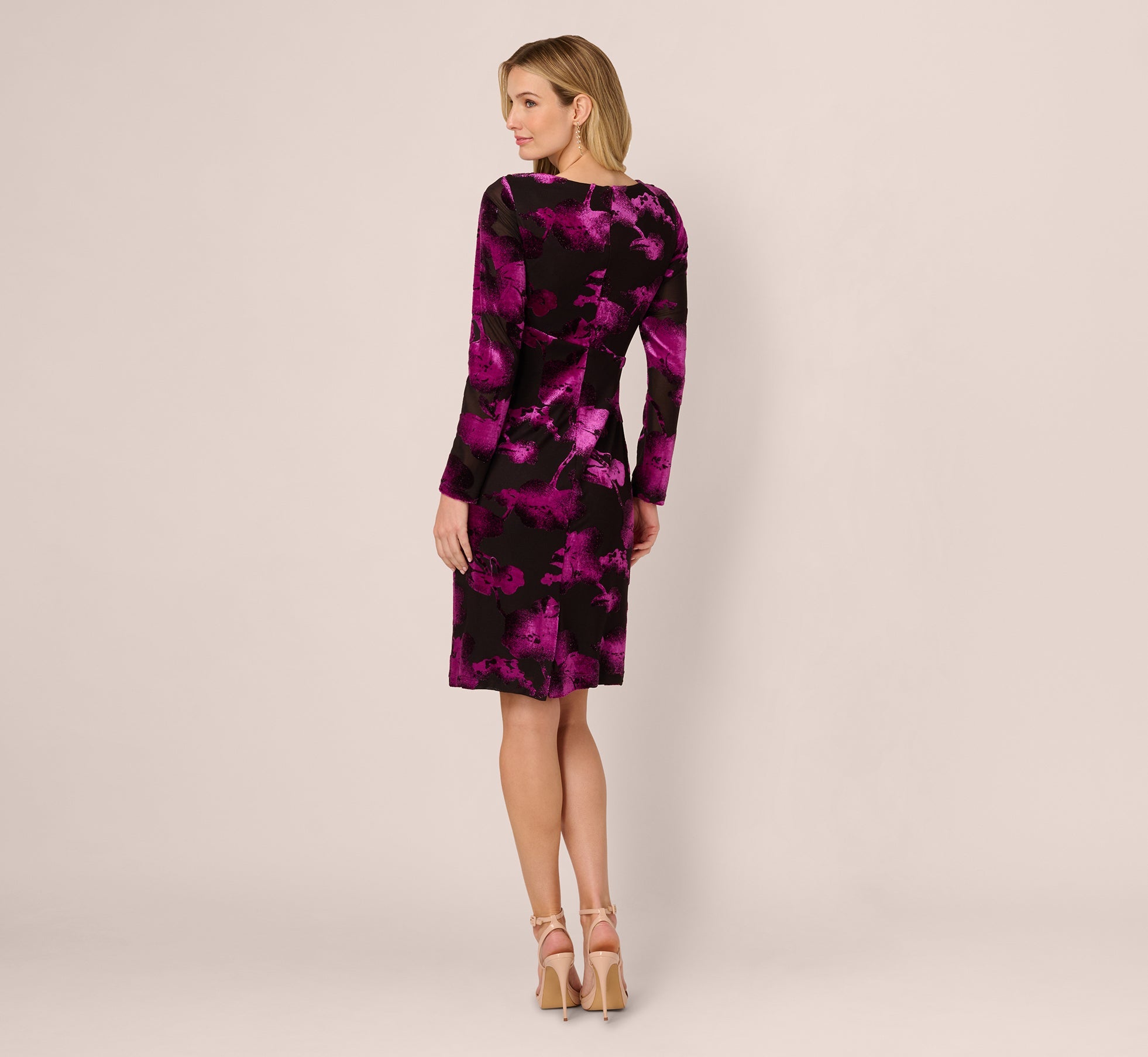 Long Sleeve Floral Burnout Sheath Dress In Black Violet