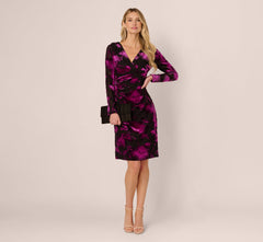 Long Sleeve Floral Burnout Sheath Dress In Black Violet