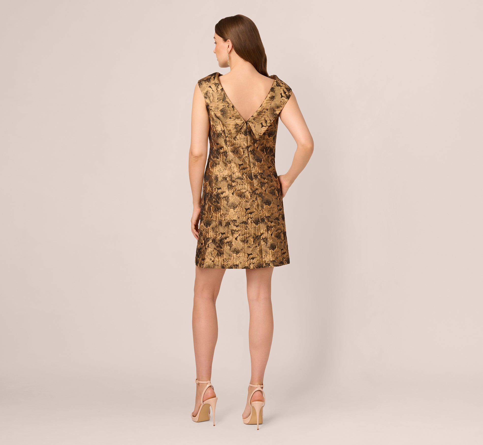 Sleeveless Jacquard Roll Collar Shift Dress In Gold Black