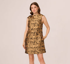 Sleeveless Jacquard Roll Collar Shift Dress In Gold Black