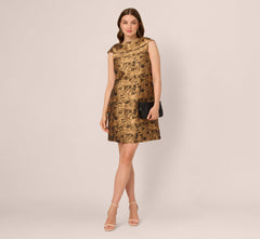 Sleeveless Jacquard Roll Collar Shift Dress In Gold Black