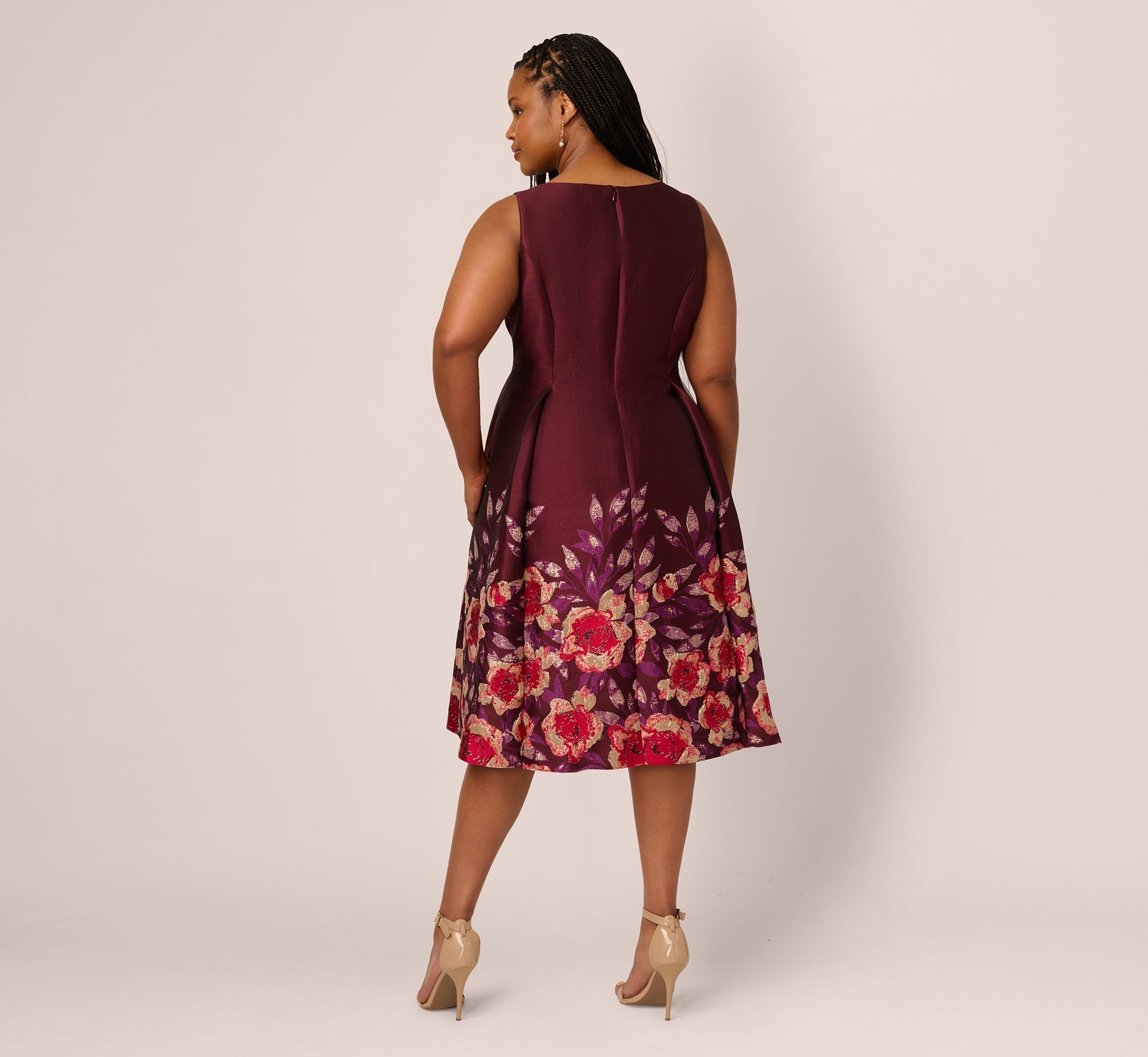 Plus Size Sleeveless Floral Border Jacquard Midi Dress In Plum Multi