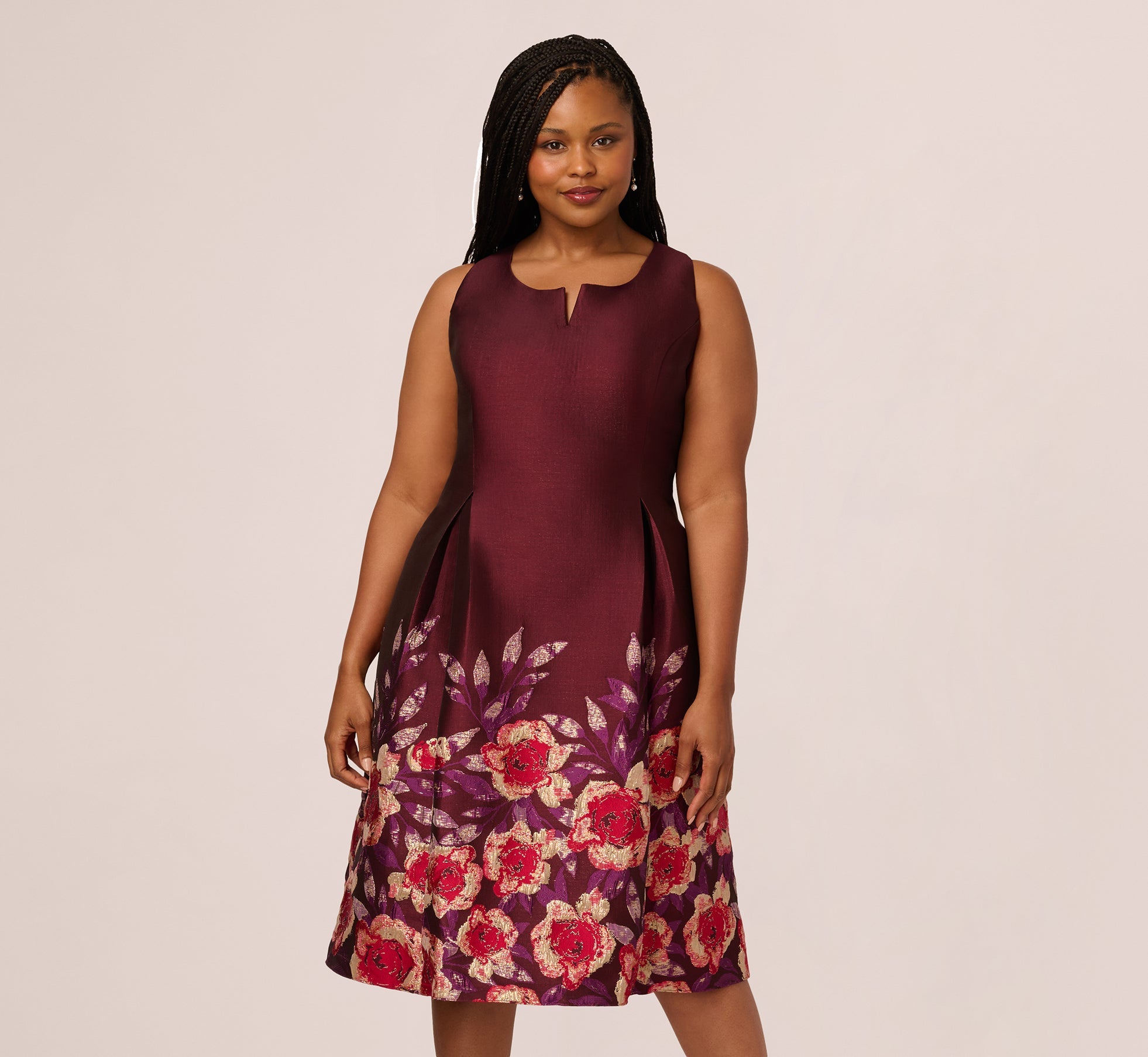 Plus Size Sleeveless Floral Border Jacquard Midi Dress In Plum Multi