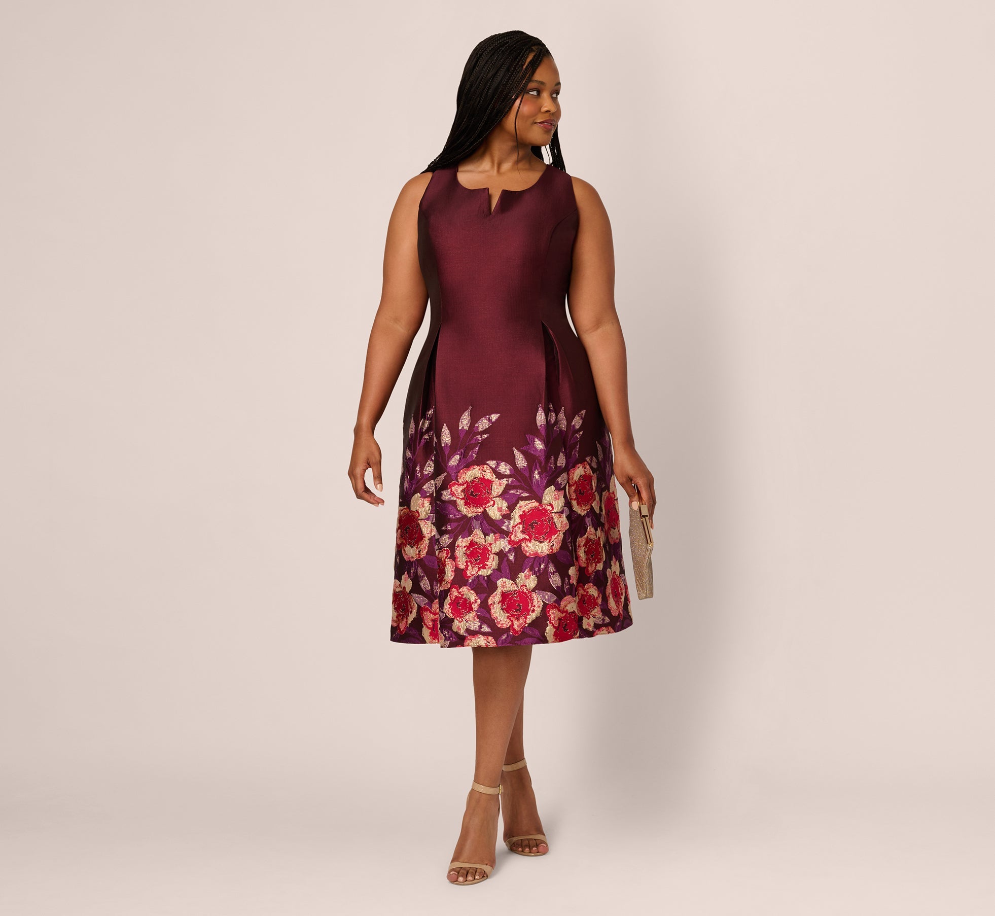 Plus Size Sleeveless Floral Border Jacquard Midi Dress In Plum Multi