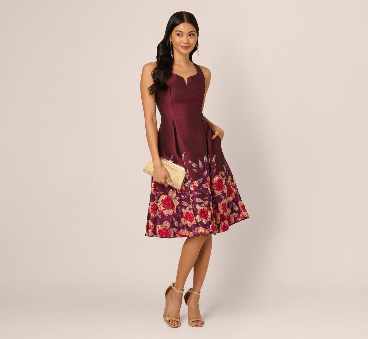 Sleeveless Floral Border Jacquard Midi Dress In Plum Multi