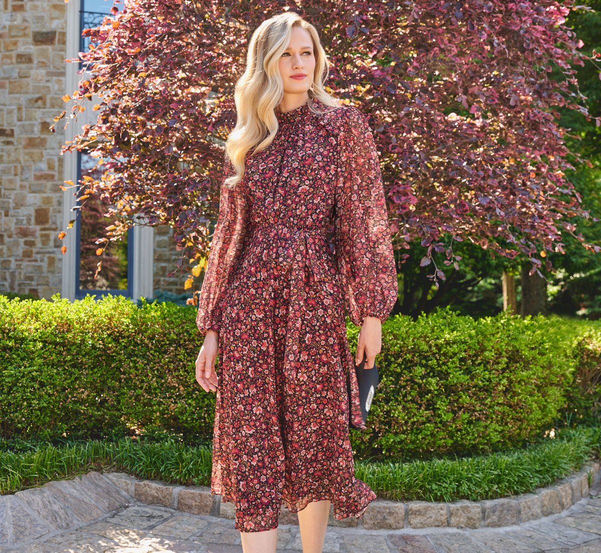 Long Sleeve Ditsy Floral Chiffon Midi Dress In Black Multi