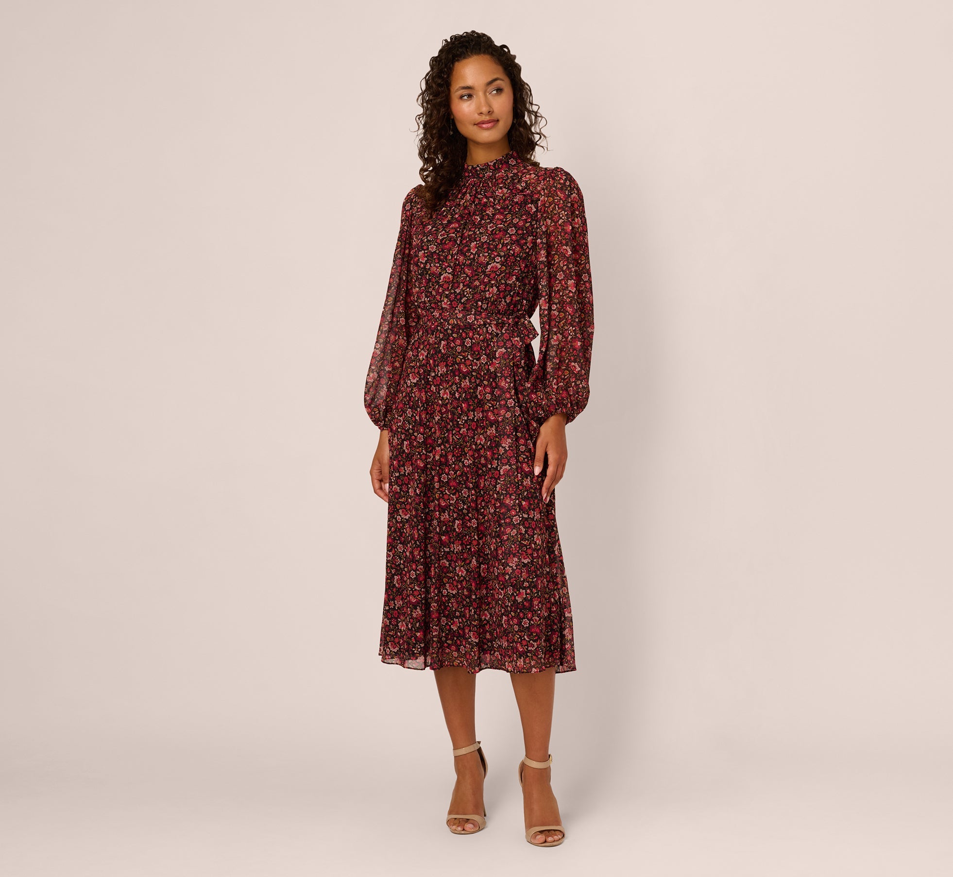 Long Sleeve Ditsy Floral Chiffon Midi Dress In Black Multi