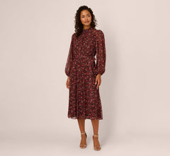 Long Sleeve Ditsy Floral Chiffon Midi Dress In Black Multi