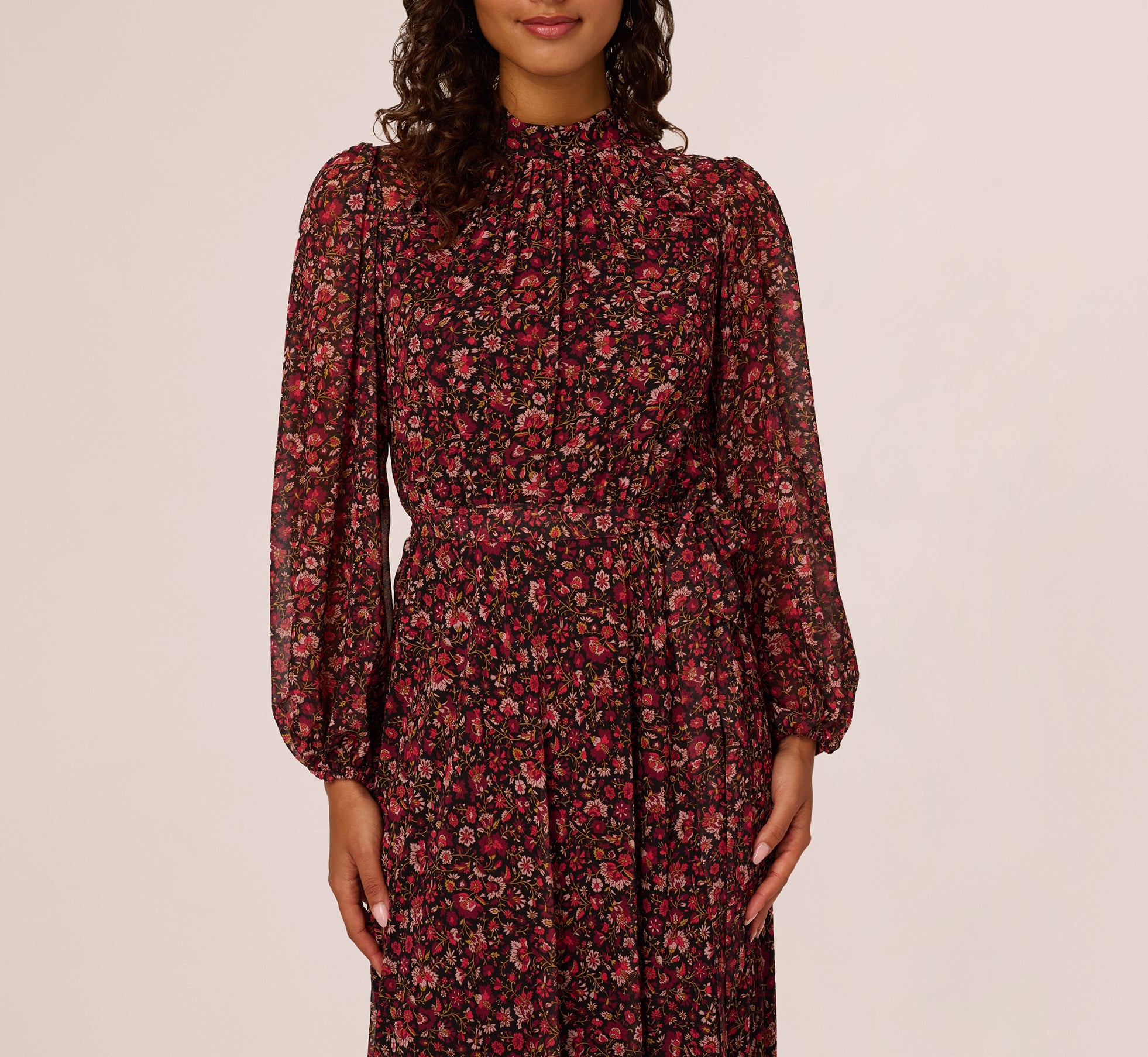 Long Sleeve Ditsy Floral Chiffon Midi Dress In Black Multi