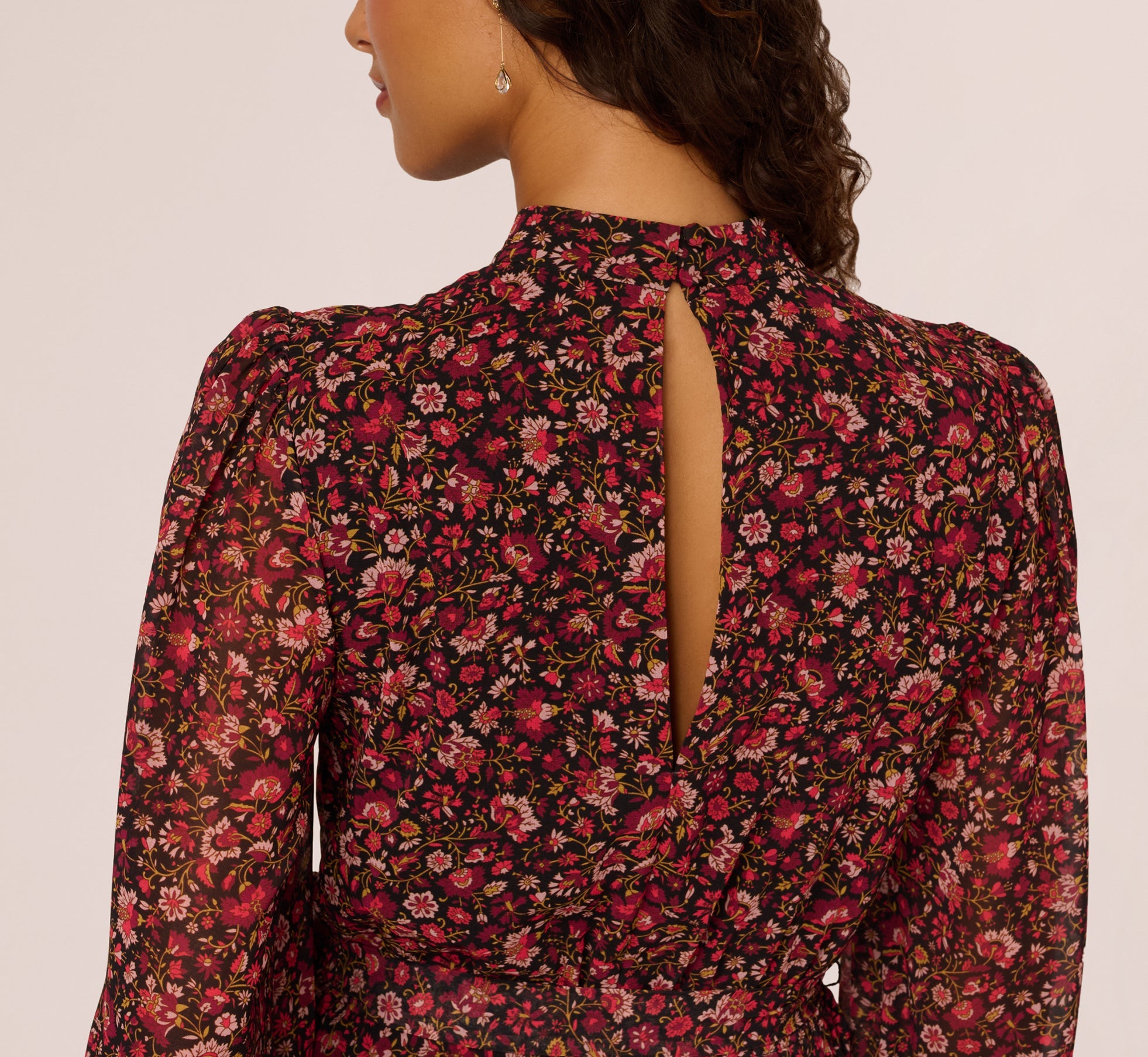 Long Sleeve Ditsy Floral Chiffon Midi Dress In Black Multi