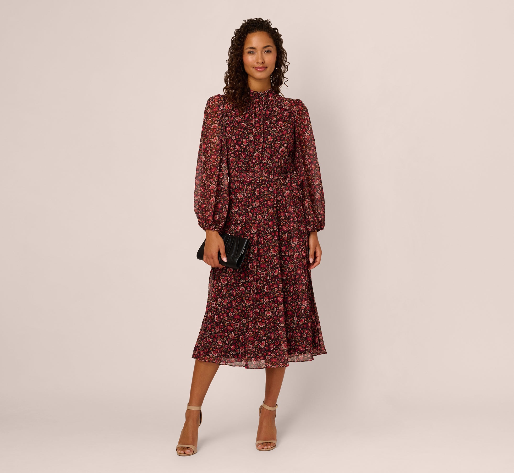 Long Sleeve Ditsy Floral Chiffon Midi Dress In Black Multi