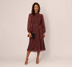 Long Sleeve Ditsy Floral Chiffon Midi Dress In Black Multi