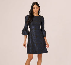 Three Quarter Bell Sleeve Short Jacquard Dress In Navy Black
