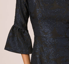 Three Quarter Bell Sleeve Short Jacquard Dress In Navy Black