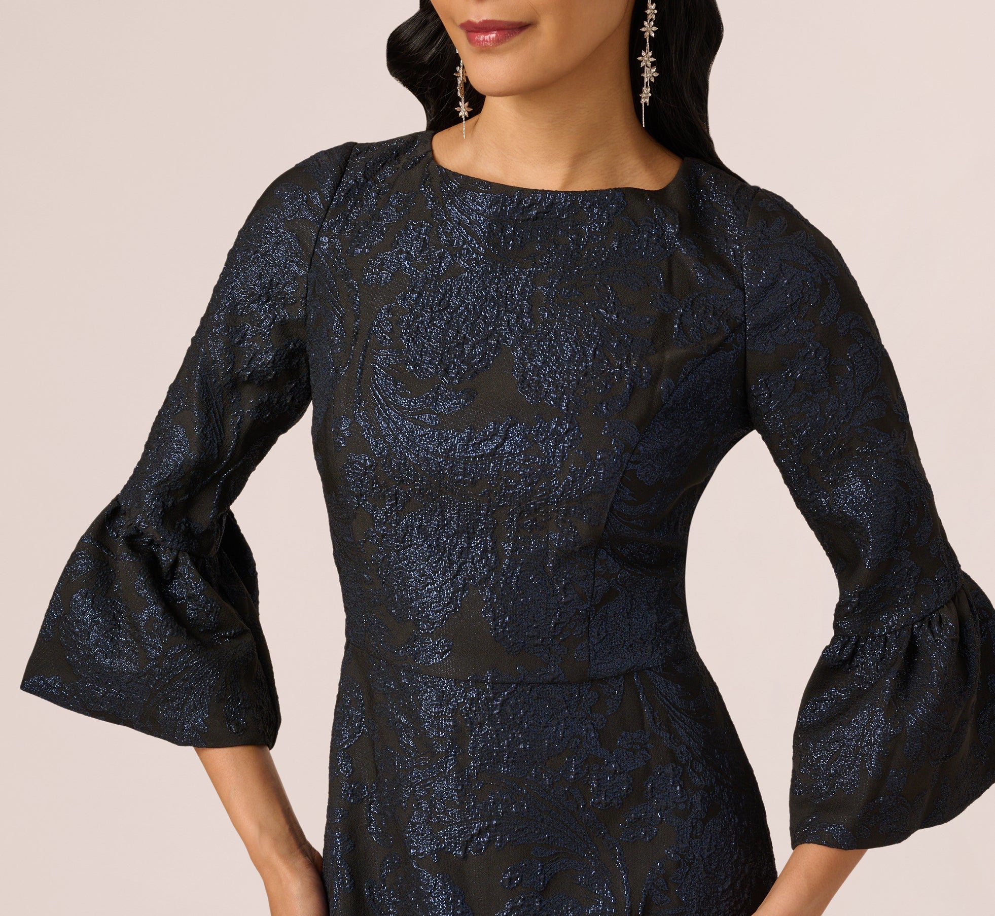 Three Quarter Bell Sleeve Short Jacquard Dress In Navy Black