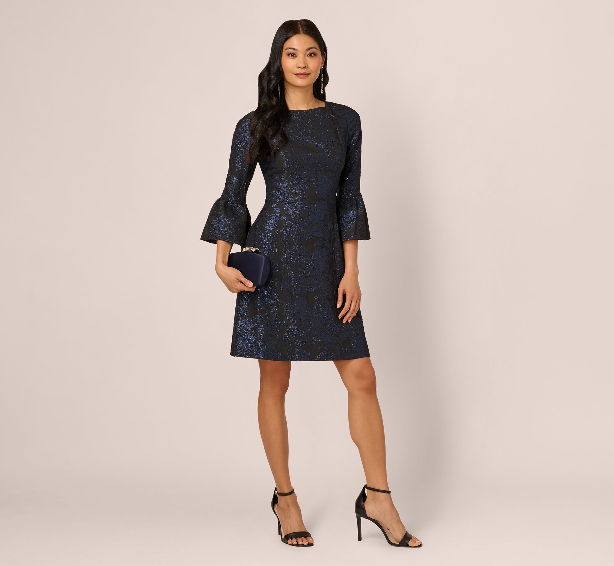 Three Quarter Bell Sleeve Short Jacquard Dress In Navy Black