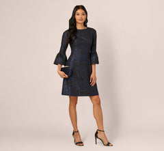 Three Quarter Bell Sleeve Short Jacquard Dress In Navy Black