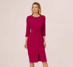 Three Quarter Sleeve Beaded Collar Sheath Dress In Berry