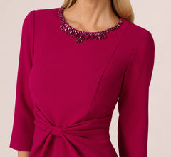 Three Quarter Sleeve Beaded Collar Sheath Dress In Berry